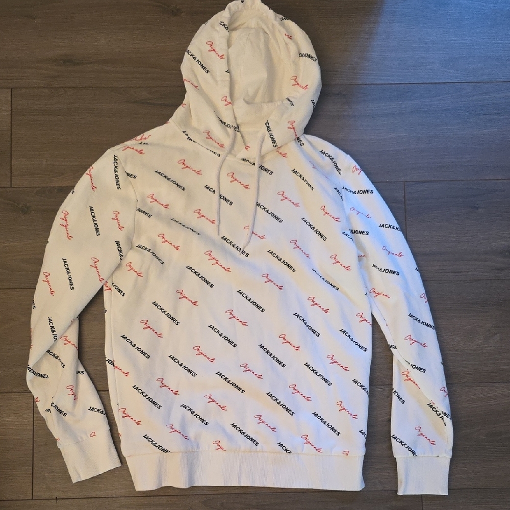 Jack & Jones White Hoodie with Red & Black Logo Print